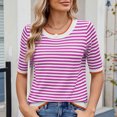 thumbnail image 2 of Pisexur Hauts de Printemps pour Femmes 2025, Hauts d'Entraînement pour Femmes, Hauts pour Dames Blouses à Manches Courtes Rayées Col Rond Mode Décontractée Rose Vif, m, 2 of 8