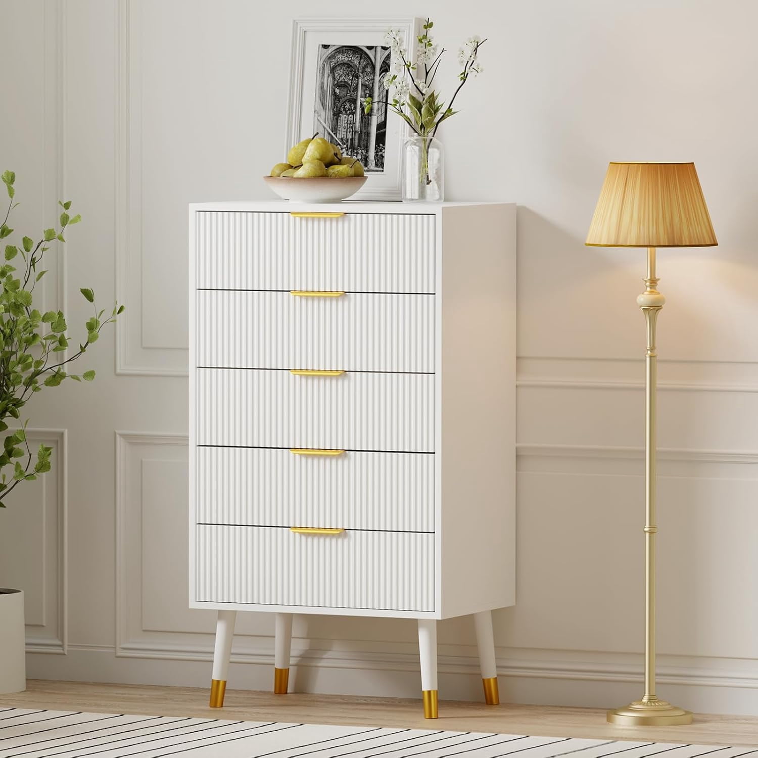 Fluted 5 Drawer Dresser Tall Dressers with Gold Metal Handles Small Dresser Storage Chest Cabinet Organizer Wood Chest of Drawers for Bedroom,Living Room,Hallway,Entryway - White