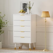 Fluted 5 Drawer Dresser Tall Dressers with Gold Metal Handles Small Dresser Storage Chest Cabinet Organizer Wood Chest of Drawers for Bedroom,Living Room,Hallway,Entryway - White