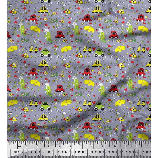 Soimoi Silk Fabric Heart,Vehicles & Animals Cartoon Decor Fabric Printed Yard 42 Inch Wide
