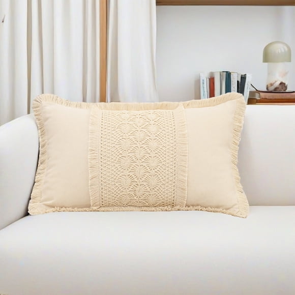 Wzzjkit Throw Pillow Covers 20x12, Bohemian Tassel Lace Decorative Pillow Covers, Lumbar Support Linen Pastorals Couch Pillow Covers for Bed, Sofa and Patio Furniture