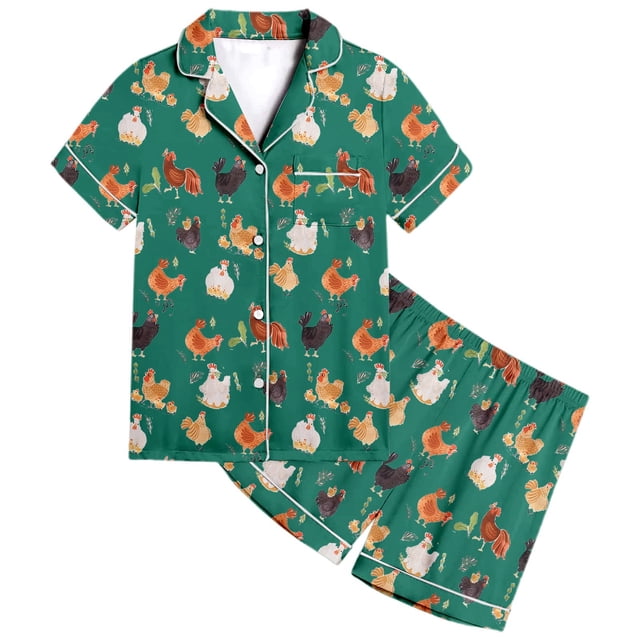 MIASHUI Girls 2-Piece Pajamas Set Animal Chicken Pattern Button-Down Boys Sleepwear,Green,4-5 Years