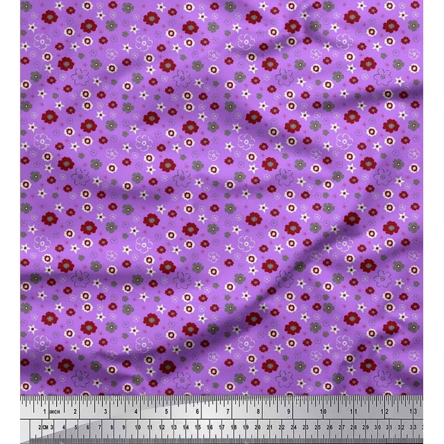 Soimoi Purple Modal Satin Fabric Flower Artistic Printed Fabric 1 Yard 42 Inch Wide
