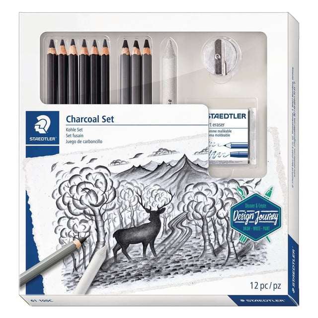 Staedtler Mars Lumograph Charcoal Drawing Set, 12 Pieces with 6 graphite pencils graded 8B to HB, 3 charcoal pencils in soft, medium, and hard, a blending stump, kneaded eraser, and sharpener in a white box featuring a charcoal sketch of a deer in a forest landscape.