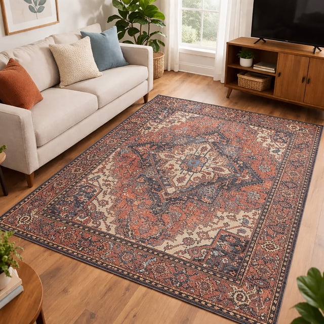 Nobia- Traditional Distressed Antique Look Vintage Rust Red, Area Rug 5x7, Recommended Location Living room, Dining room, Bedroom