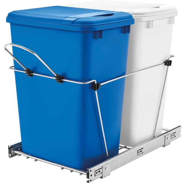 Rev-A-Shelf RV-18KD-11RC-S Bacs à Déchets Doubles de 35 Pintes Coulissants en Bleu et Blanc, Dotés d'Un Cadre en Fil Métallique Chromé avec Glissières à Roulements à Billes à Rallonge Complète. Comprend Deux Bacs de 35 Pintes avec Couvercles Assortis, Conçus pour les Armoires de base avec une Ouverture de 14,5 Pouces Ou Plus. Parfaits pour le Rangement Dissimulé des Déchets, le Recyclage et le Compostage Tout en Économisant de l'Espace.