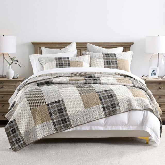 PANGUSHAN 100% Cotton Quilt Set Queen Size, Queen Size Farmhouse Plaid Patchwork Reversible Rustic Quilt Bedding Set Quilted Bedspread Lightweight Comforter for Queen Bed, 3pcs, Gray/Cream/Beige