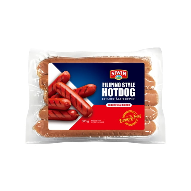 Siwin Frozen Hot-Dogs Style Philippin 300 g, Emballage Contenant six Hot-Dogs Scellés sous Vide avec une Étiquette Montrant des Hot-Dogs Grillés, Sans Couleur Artificielle, et des Allégations Tendre et Juteuses, Convient pour le Gril Ou la Cuisson à la Poêle dans des Plats Philippins et Internationaux.