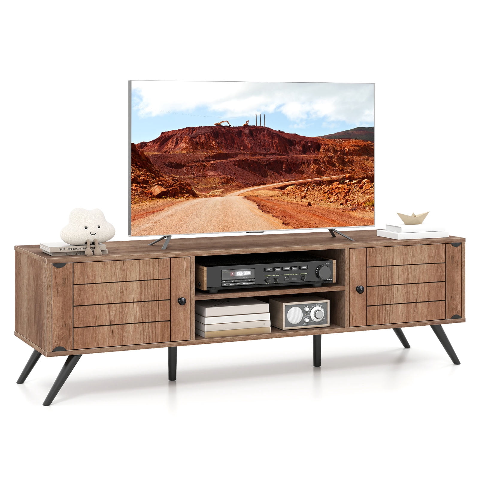 Gymax TV Stand w/2 Storage Cabinets & Open Shelves 6 Support Feet for Living Room