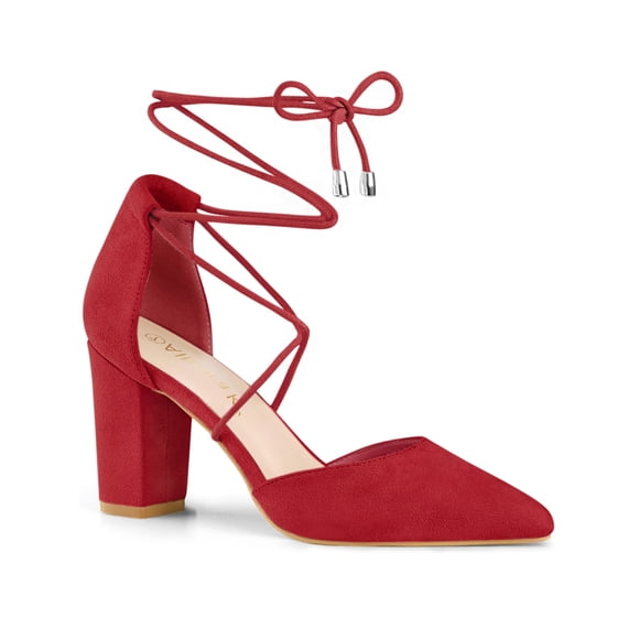BLISSFUL STEP Women's Pointed Toe Block Heel Lace Up Pumps Red (Size 8.5)