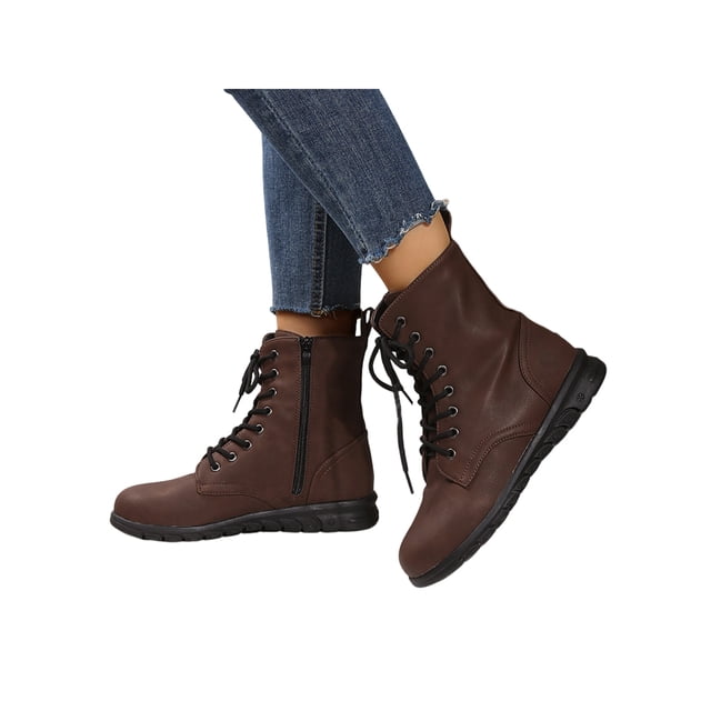 UKAP Women Combat Boot Side Zip Booties Lace Up Ankle Boots Work Shoes Waterproof Dark Brown 9