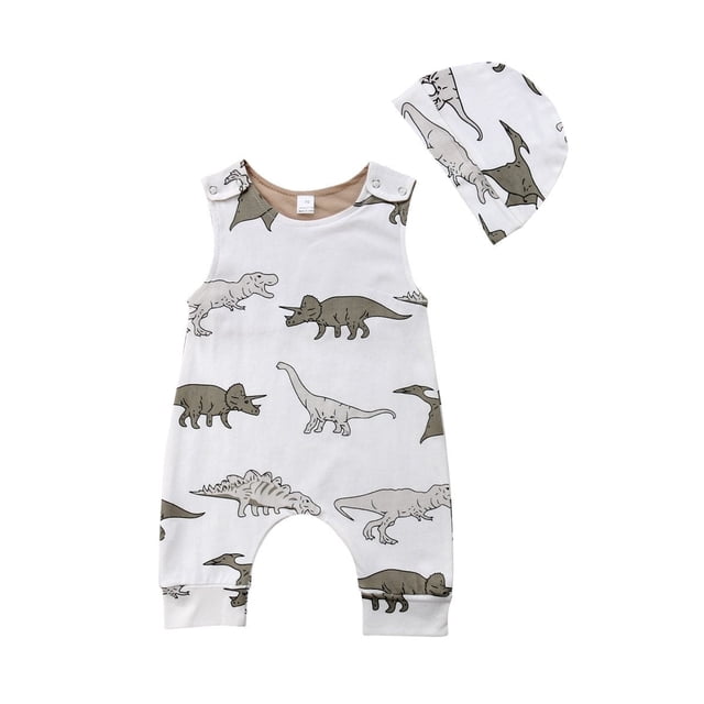 Combinaison Dinosaure pour Garçons, Sans Manches, Barboteuse et Chapeau, Ensemble 2 Pcs
