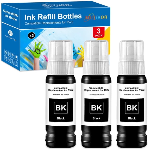 Compatible T522 Black Ink Bottle Refill, Replacement for T522 Ink Refill Compatible for ET-2720 ET-2800 ET-2803 ET-4800 ET-4700 ET-2400 ET-2840 ET-4810 Printers, 3 Black 522 Ink