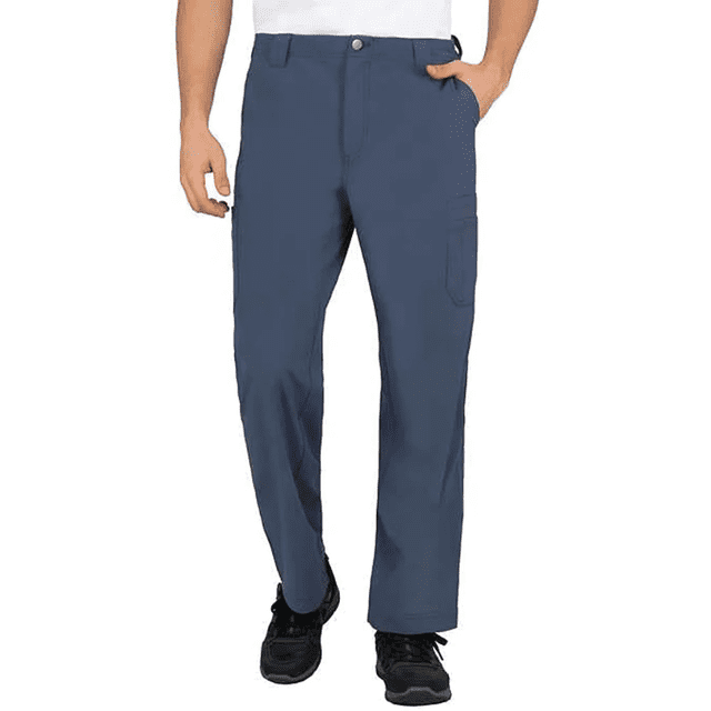 Perflex Men's Stretch Scrub Pants in Blue XLarge, featuring a relaxed fit with an elastic waistband and adjustable drawstring for comfort. Made from a 93% polyester and 7% elastane blend, these pants offer superior stretch and flexibility. Includes front hand pockets, multilateral cargo pockets, a back pocket, and a durable YKK zipper fly for functionality and convenience. Ideal for medical professionals seeking durable and practical workwear.
