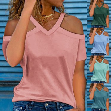 QIPOPIQ Summer Tops Womens Tunic Top Short Sleeve Cold Shoulder V Neck Loose Fit Basic Tee Casual Tops Shirts Blouse Clearance