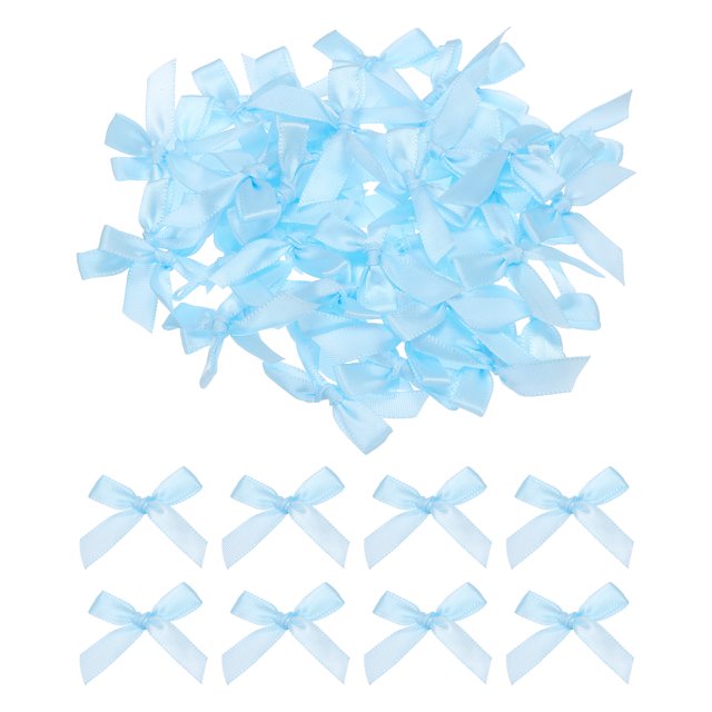 Unique Bargains 100Pcs Mini Ribbon Bow 1.8 inch Mini Fabric Satin Ribbon Flower Bows Light Blue