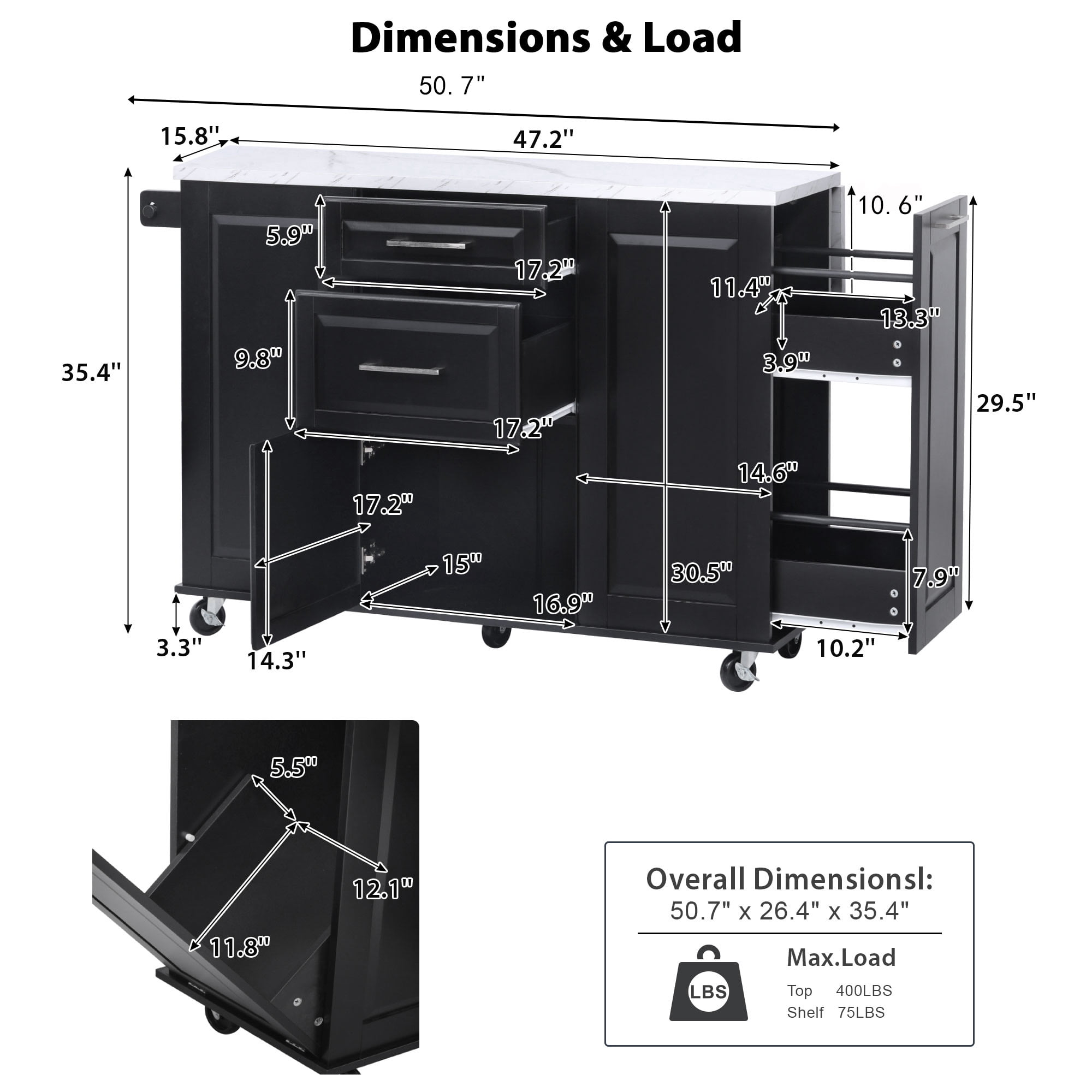 Homy Casa Îlot de cuisine roulant 50,7 po avec rangement, abattant, armoire basculante pour poubelle, organiseur coulissant, 2 tiroirs, noir