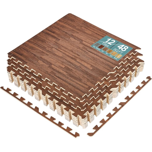 Sorbus Interlocking Floor Mat Wood Grain Print in cherry finish, featuring 12 foam tile pieces with interlocking edges. These foam mats provide cushioned padding and a faux wood appearance, ideal for enhancing comfort and protecting floors. Suitable for kids, senior living, or anyone seeking a stylish and functional flooring solution.