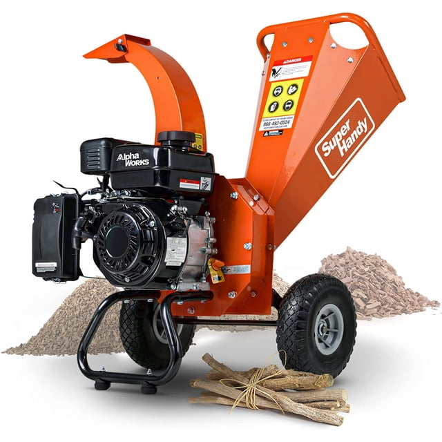 SuperHandy Mini Wood Chipper Shredder Mulcher with a heavy-duty 7HP 212cc engine, compact design, and 3-inch max capacity. Features an extra-large hopper, adjustable vertical discharge chute, and durable wheels for mobility. Ideal for chipping branches, shredding limbs, and mulching garden debris with a 15:1 reduction ratio. Powered by a recoil-start gas engine, suitable for outdoor power equipment tasks like forestry, landscaping, and green waste recycling. Can aid in fire prevention and building firebreaks.