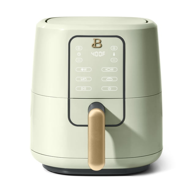 Beautiful 3 Qt Air Fryer with TurboCrisp Technology by Drew Barrymore, matte light green small appliance featuring a digital touch display set to 400°F, gold-tone handle, and compact 3-quart capacity ideal for space-saving cooking and healthier frying with little oil.