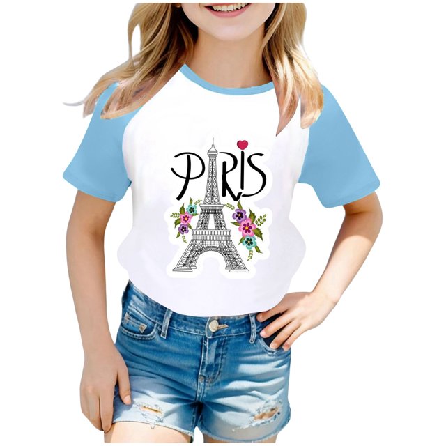 FhsagQ The 7th Of July Wear City Tourism Commemorative Print Raglan Sleeve Color Block Short Sleeve T Shirt Little Girls The 7th Of July T shirts Size 9/10 Spring Light Blue 7-8 Years