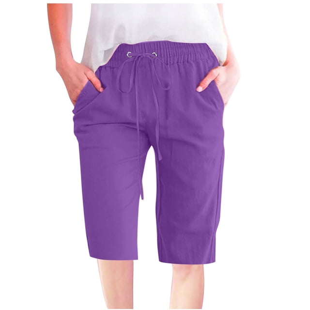 Timegard Womens Plus Size Shorts Elastic Waisted Drawstring Lightweight Casual Knee Length Shorts with Pockets