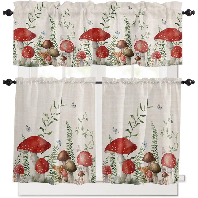 Kitchen Curtains 36 Inch Length, Mushroom Rod Pocket Tier and Valance Set, Green Botanical Butterfly Rustic Burlap 54" x 18" - Farmhouse Window Curtains Set for Bedroom/Living Room/Bathroom