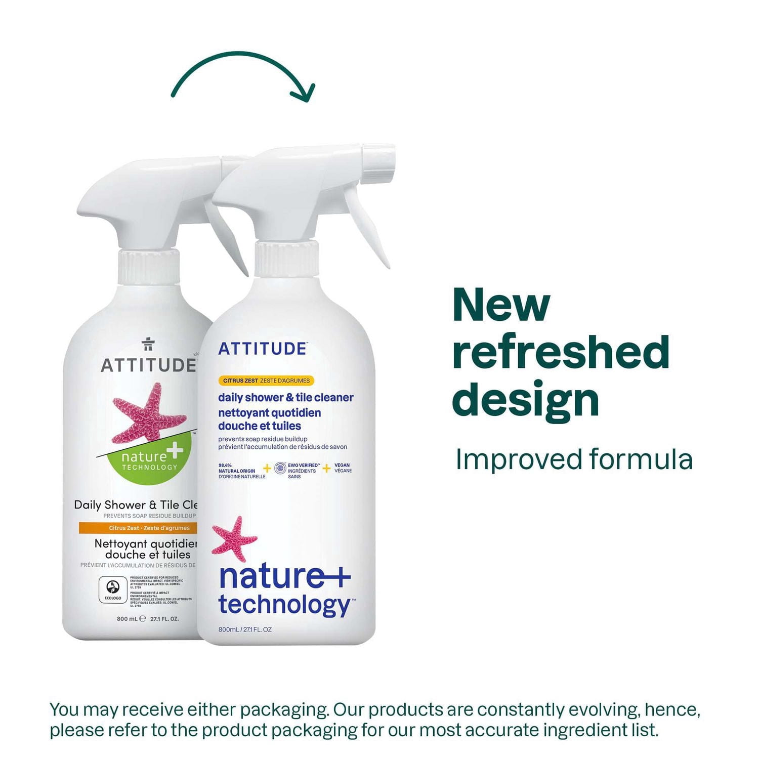 ATTITUDE Nettoyant Douche & Tuiles en Vaporisateur, Nettoyant Naturel, Zeste d'Agrumes, 800ml