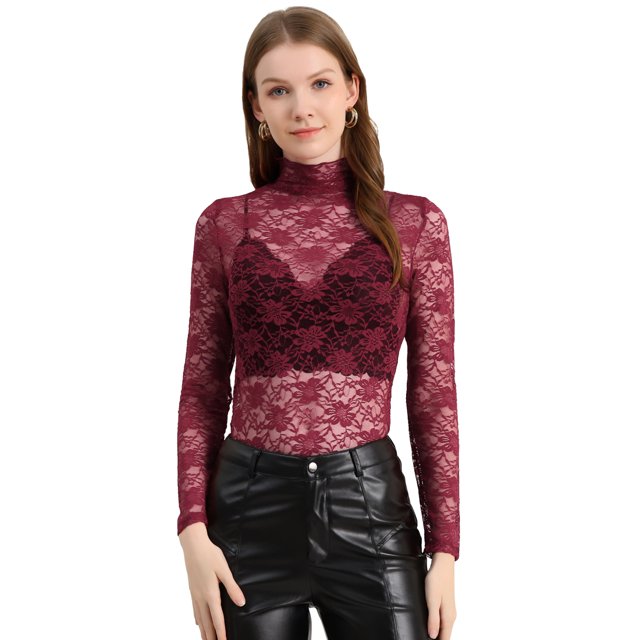 INSPIRE CHIC Chemisier Haut en Dentelle Florale Transparente à Col Roulé à Manches Longues Transparent pour Femme TG Bourgogne