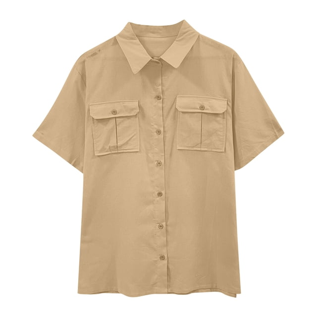 Timegard Cotton Linen Tops for Women Short Sleeve Button down Shirts Solid Color Casual Tops with Pockets