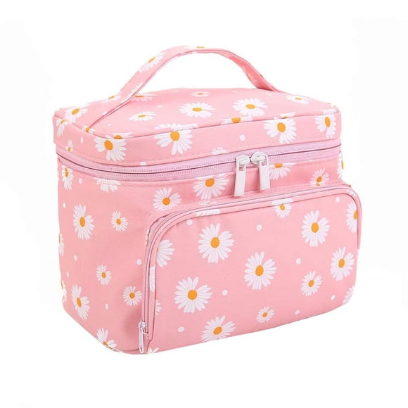 Make up Bag for Women Big Cosmetics Makeup Bag with Handle Girls Make-up Organizer Bag with Brush Holder, Daisy