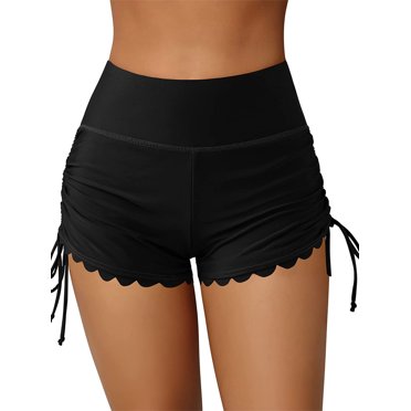 SUNSIOM Women Swim Lace Shorts, High Waist Drawstring Wavy Hem Solid Summer Stretchy Sporty Bathing Surfing Bottoms