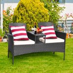 Gymax Cushioned Patio Rattan Seat Loveseat Sofa Table Chairs