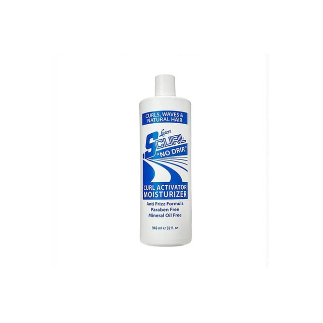 Lusters S Curl No Drip Curl Activator Moisturizer Anti Frizz Formula 32 fl oz front-facing can with Luster's S Curl label, leave-in curl activator and moisturizer for natural curls, waves and permed hair with glycerin and vitamin B5, non-greasy formula that helps define curls and reduce frizz; often used to tame flyaways and shape baby hairs.