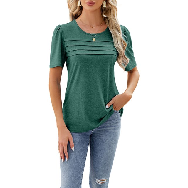 Bellella T-Shirts d'Été pour Femmes, T-shirt Uni à Col Rond, T-shirt Décontracté à Manches Courtes, Chandail à Enfiler, T-shirt pour Dames Vert Foncé L