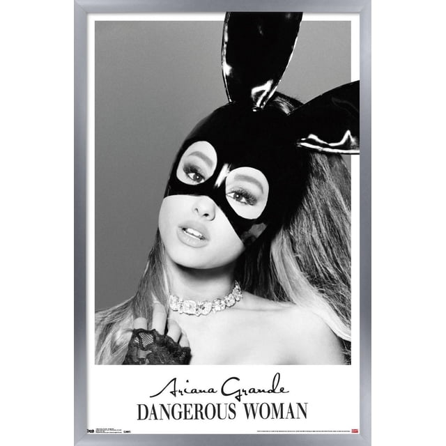 Ariana Grande - Dangerous Wall Poster, 22.375" x 34" framed featuring a black and white close-up portrait of a woman wearing glossy black bunny ears, a crystal choker necklace, and a lace glove on one hand, set against a plain grey background with the text 'Ariana Grande Dangerous Woman' below, ideal for bedroom or office wall decor.