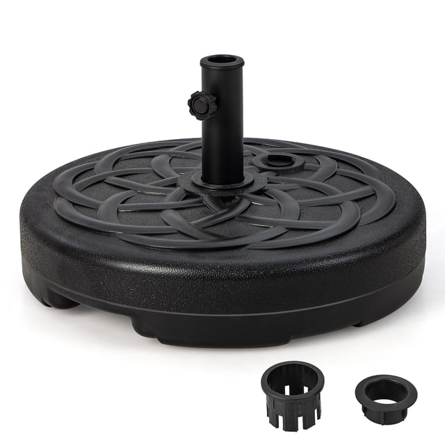 Costway base Ronde de Parasol de patio Remplissable de 22 Pouces en Noir, avec Motif de Fleurs Décoratif. Fabriquée en Matériau HDPE durable, Résistante aux Intempéries et au Vieillissement. la base Comprend un Grand Réservoir Pouvant Être Rempli de 6 gallons d'Eau, 86 Lb de Sable Ou 102 Lb de Sable et d'Eau pour une Stabilité Accrue. Elle Accueille des Poteaux de Parasol de 1,5 Pouce et 1,9 Pouce de Diamètre, Convient aux Parasols jusqu'à 10 Pieds. Comprend Deux inserts en Plastique, un Bouton de Serrage et une Poignée Intégrée pour