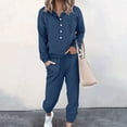 thumbnail image 2 of Pisexur Womens Lounge Set Trendy Casual Solid Color Matching Set Long Sleeve Button Drawstring Hooded Sweathirts Tops Wide Leg Sweatpants Tracksuit with Pockets 2 Piece Travel Outfits, 2 of 6
