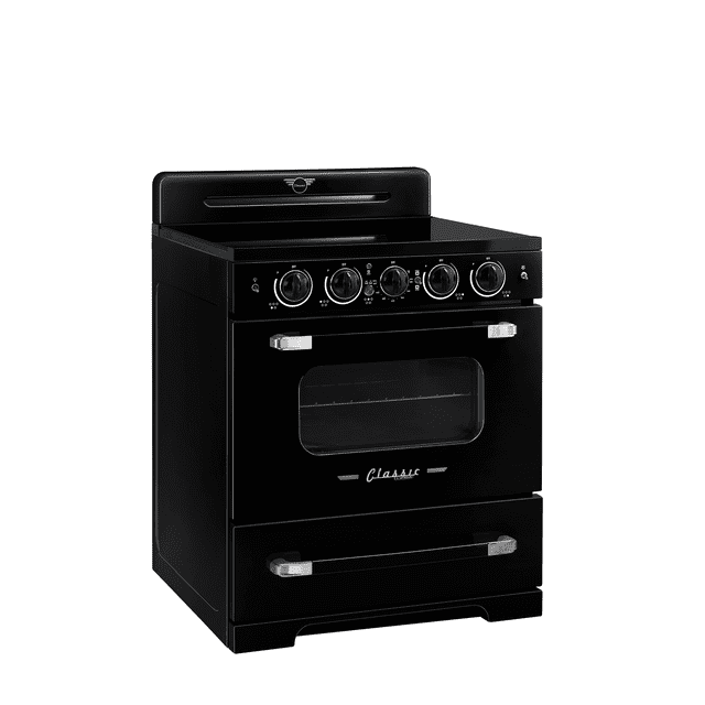 Unique 30" Classic Retro Induction Range in midnight black with a sleek, vintage-inspired design. Features a 3,700-watt element for rapid boiling, four burners with nine heat settings, and a central warming zone. Includes a 3.9 cu. ft. oven with adjustable racks, an air-fry tray, and a storage drawer. Energy-efficient technology ensures less heat output and lower energy consumption.
