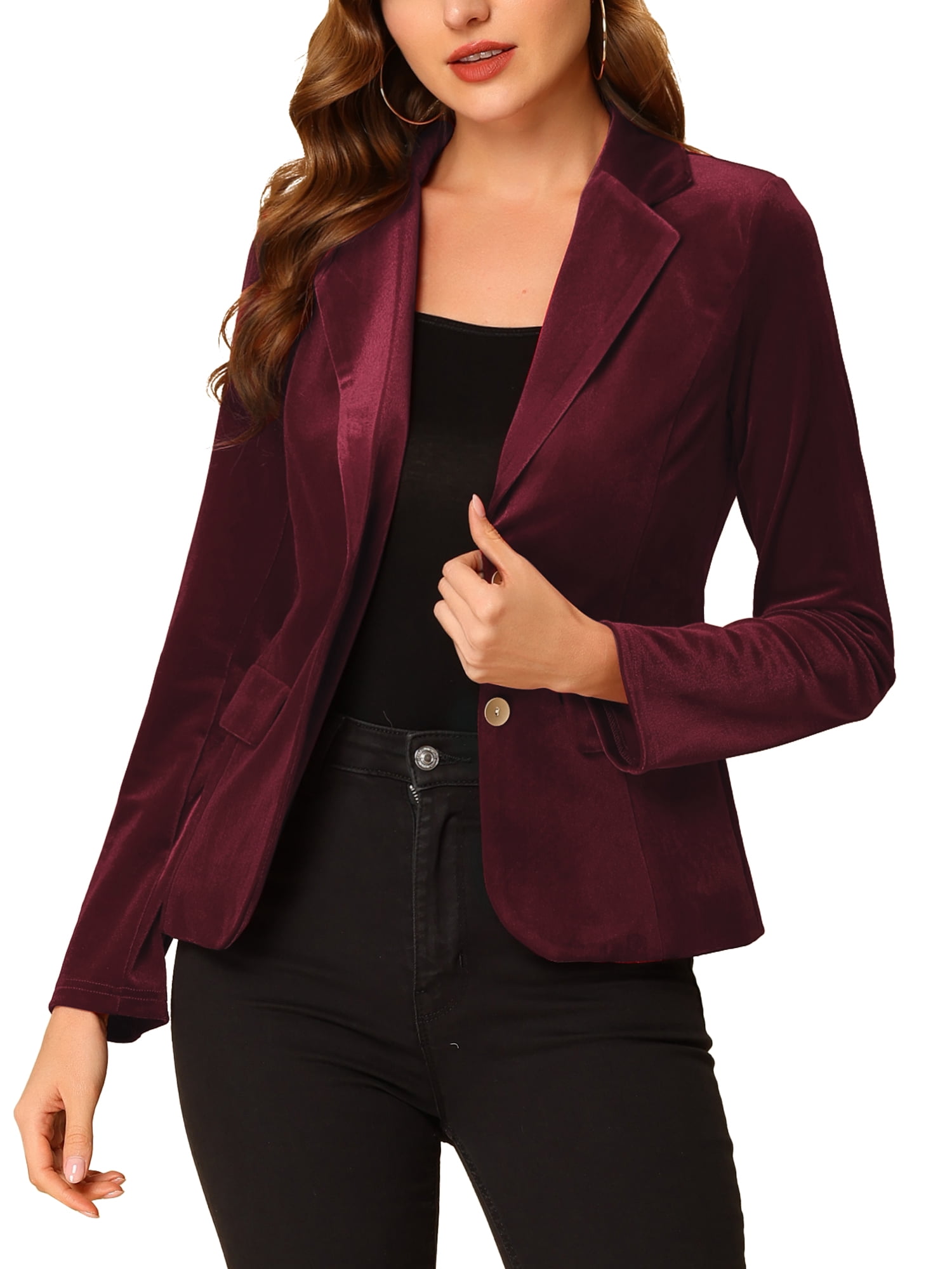 INSPIRE CHIC Blazer en Velours Vintage pour Femme, Revers Cranté, devant Boutonné, Veste de Bureau, m Rouge Foncé