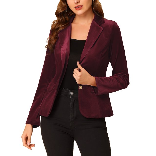 INSPIRE CHIC Blazer en Velours Vintage pour Femme, Revers Cranté, devant Boutonné, Veste de Bureau, TP, Rouge Foncé