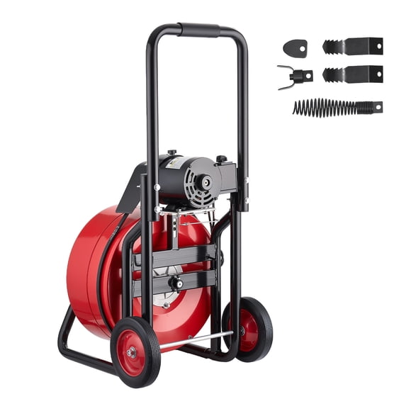 KFFKFF Drain Cleaner Machine 100 FT x 3/4 Inch, Auto Feed Sewer Snake Auger on Wheels, with 4 Cutters & Air-activated Foot Switch for 4" to 8" Pipes