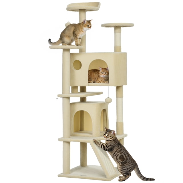 PawHut 54" Cat Tree Tower with Scratching Posts, Cat Condos, Cream White
