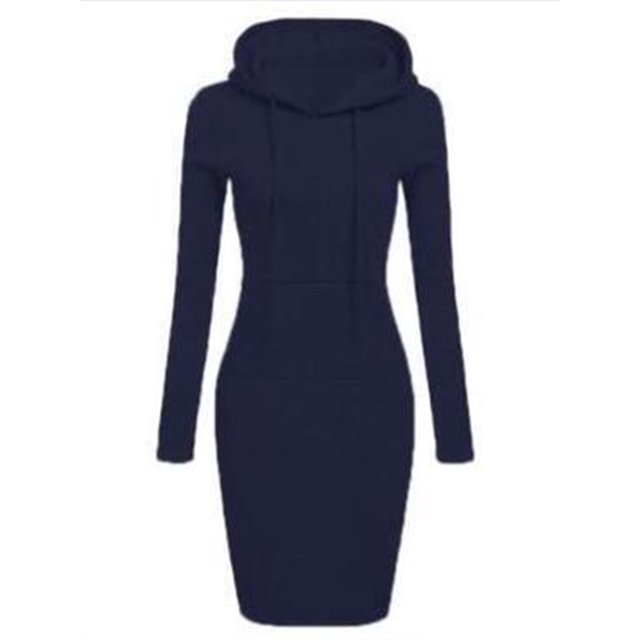 LUXUR Robes à Capuche pour Femmes Manches Longues Pull à Capuche Couleur Unie Robe Sweat Ajustée avec Cordon Bleu Marine S
