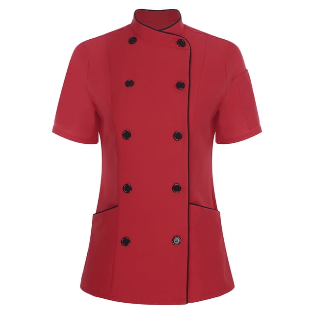 YONGHS Women's Short Sleeve Cross Collar Chef Coat Double Breasted Chef Jacket Kitchen Restaurant Work Uniform Burgundy XL