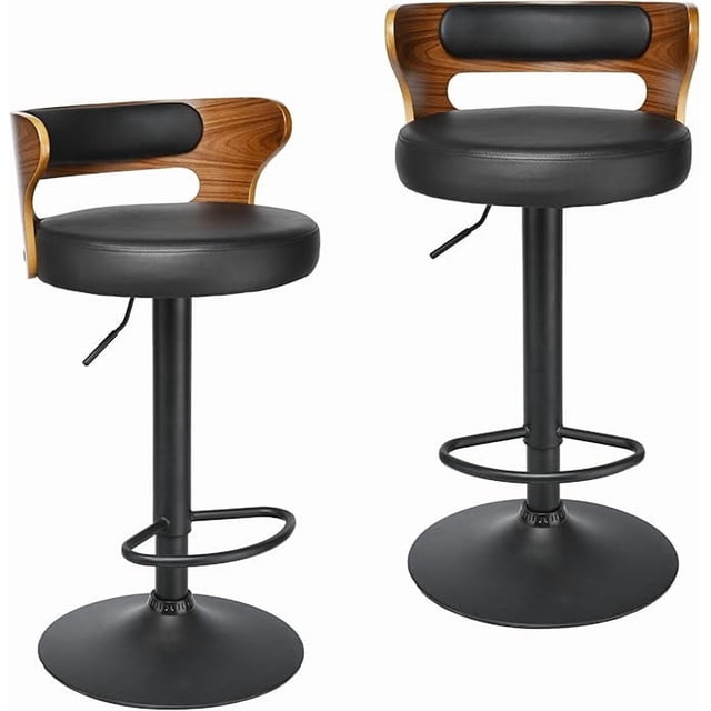 Set of 2 Vintage Adjustable Swivel Bar Stools, PU Leather Low Back Counter Height Stool with Footrest for Kitchen Island Home Bar Cafe