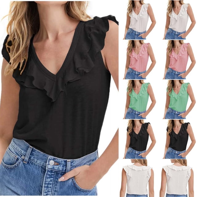 Ashirexll Tank Tops for Women Fashion Sleeveless Solid Color V-Neck Ruffled Casual Comfortable Blouses