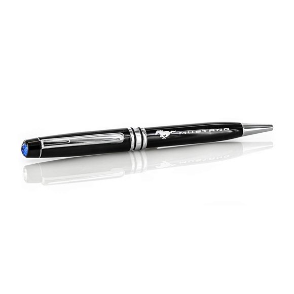 Luxurious jet black sheen Ford Mustang ballpoint pen enriched with a Swarovski Sapphire Blue 6mm crystal. Silver-trimmed metal plating pen with a sturdy clip. Official Ford product.