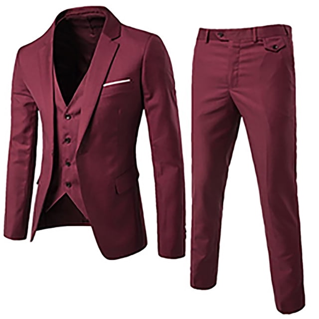 Veste de Complet pour Homme + Gilet + Pantalon de Complet Ensemble Trois Pièces de Couleur Bourgogne Foncé. l'Ensemble Comprend une Veste Ajustée avec Revers Cranté, un Gilet Assorti avec Fermeture à Boutons et un Pantalon Coupe Ajustée. Fabriqué en polyester, Idéal pour les occasions Décontractées, Formelles Ou d'Affaires. Offert en Tailles P à TTTG.