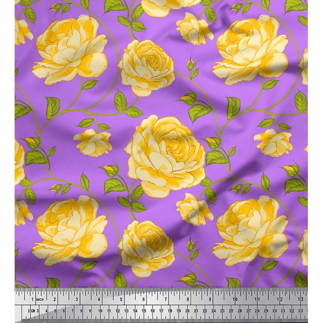 Soimoi Rayon Fabric Leaves & Rose Floral Printed Fabric 1 Yard 56 Inch Wide